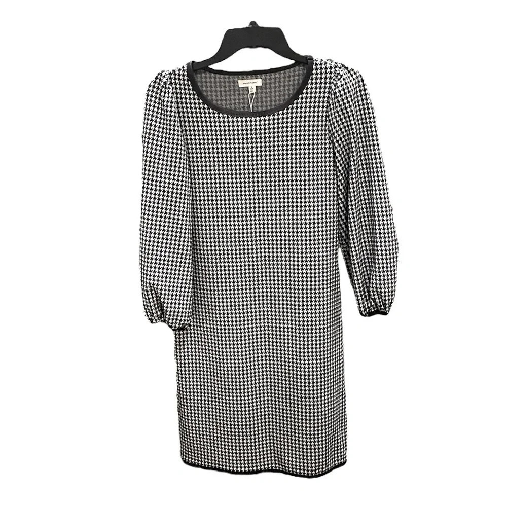 NWOT Max Studio Houndstooth Puff Sleeve Knit Shift Dress SZ S black white